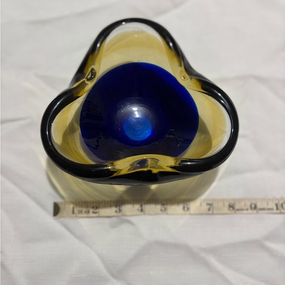 Vintage Glass Art Elegant Blue and Yellow Glass Bowl - Picture 2 of 5